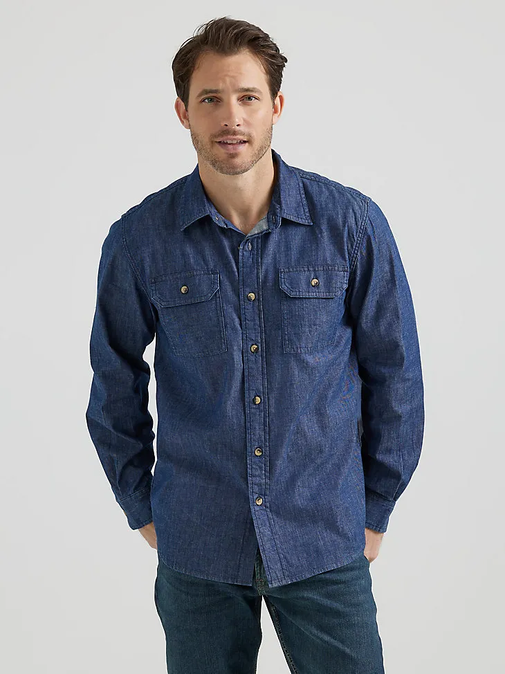 MEN’S WRANGLER® LONG SLEEVE TWILL/DENIM SHIRT IN RINSE