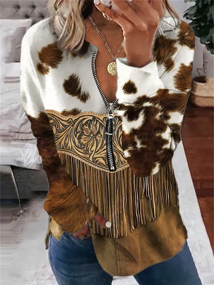 Cowhide Floral Carved Tassels Zip Up Sweatshirt