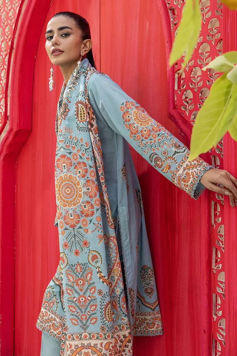 3 Piece Kurta Embroidered | Dupatta& Bottom & Tops | Color sky blue