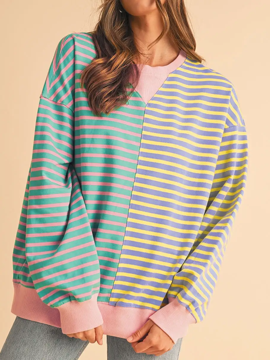 Stripe Colorblock Drop Shoulder Oversize Sweatshirt Pullover