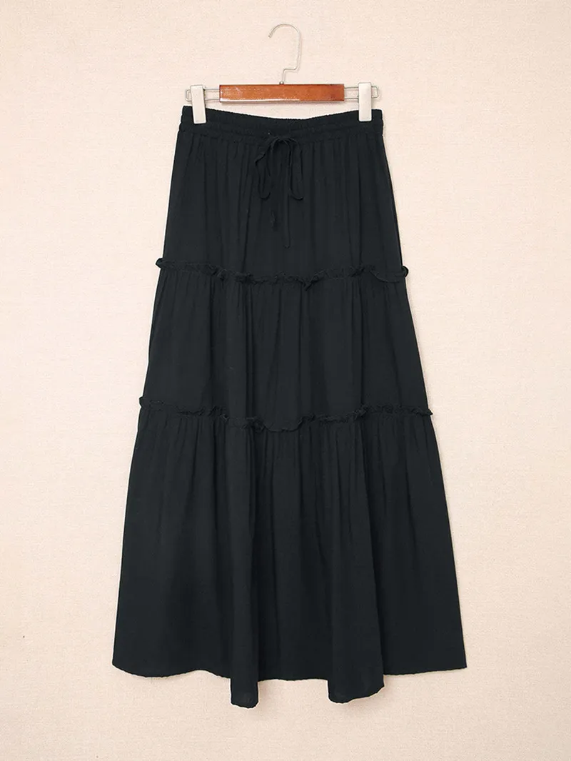 FRILL TIERED DRAWSTRING WAIST MAXI SKIRT