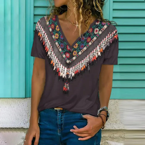 Vintage  Ethnic Flower V-Neck T-Shirt