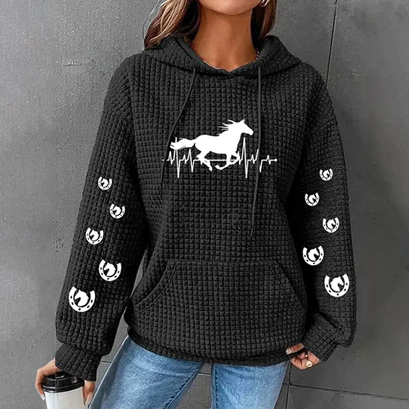 Horse Heartbeat Print Waffle Hoodie