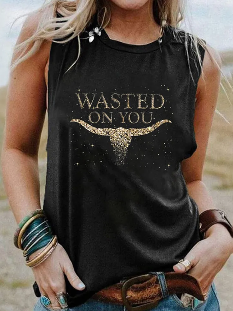 Wasted On You Up Down Print Round Neck Tank Top