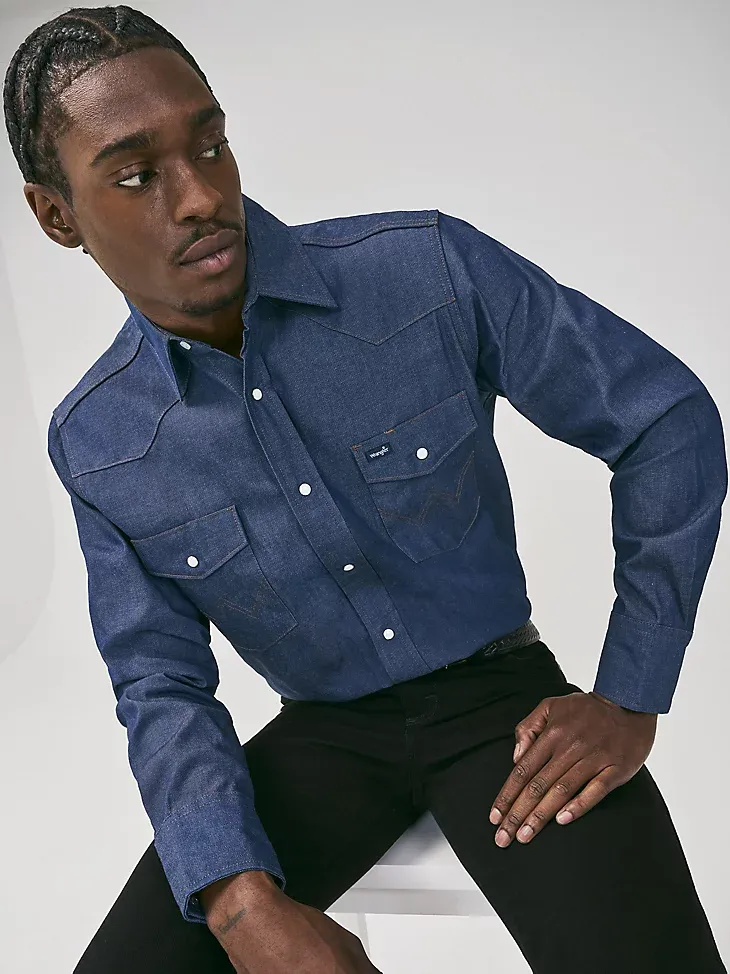 COWBOY CUT® WORK WESTERN RIGID DENIM LONG SLEEVE SHIRT IN RIGID INDIGO