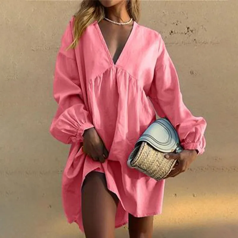 Solid Color Puff Sleeve Midi Dress