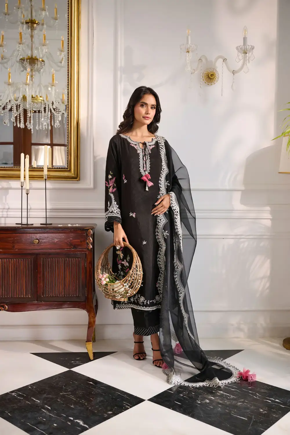 BLACK 3PCS  EMBROIDERED KURTA WITH TROUSER