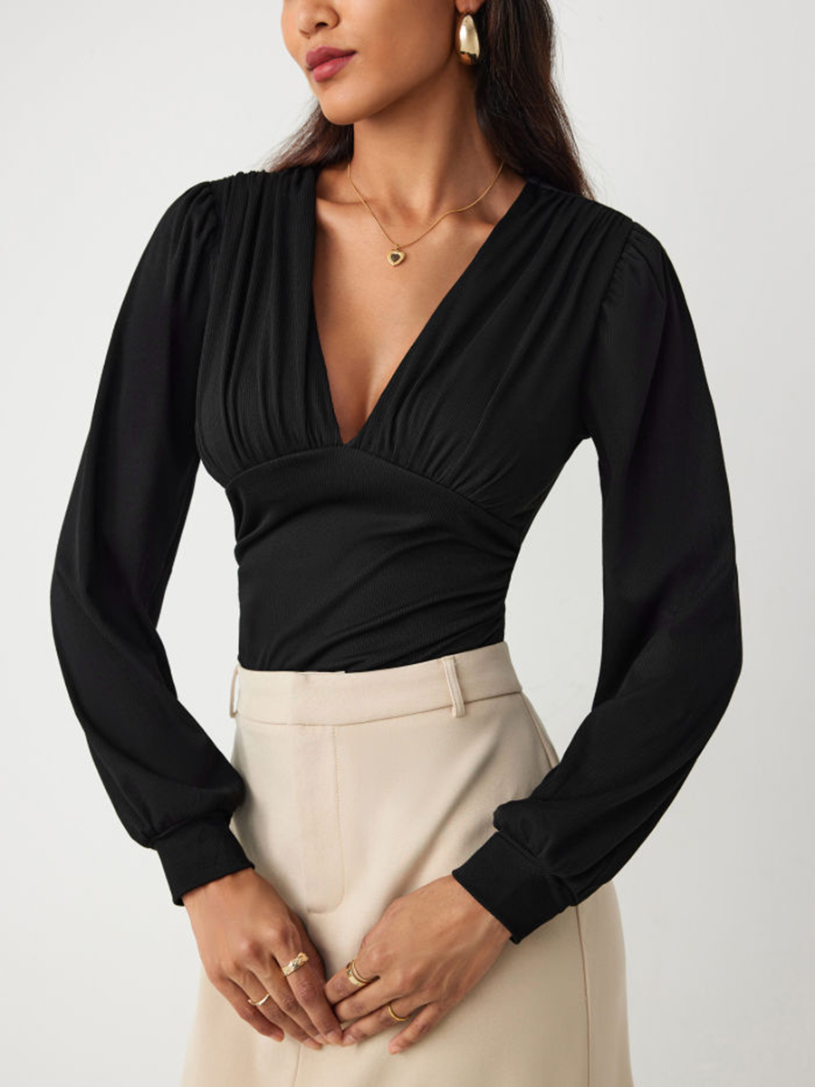 JERSEY V-NECK SOLID RUCHED BODYSUIT