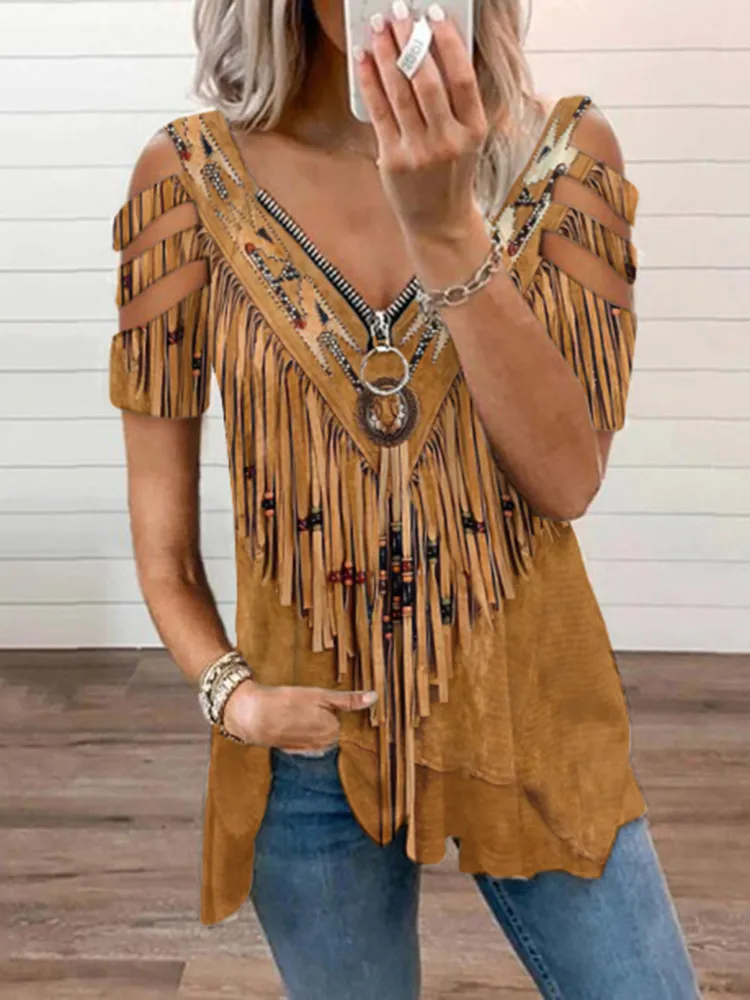 Women's Vintage Tassels Art V Neck Hollow Out Casual T-Shirt