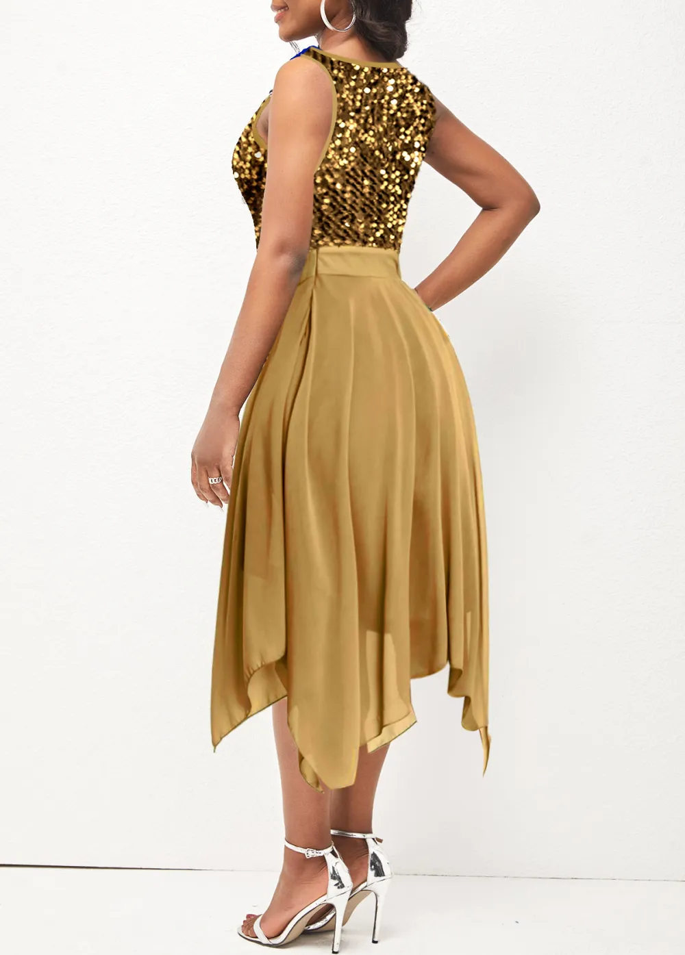 Sequin Golden Sleeveless V Neck Dress