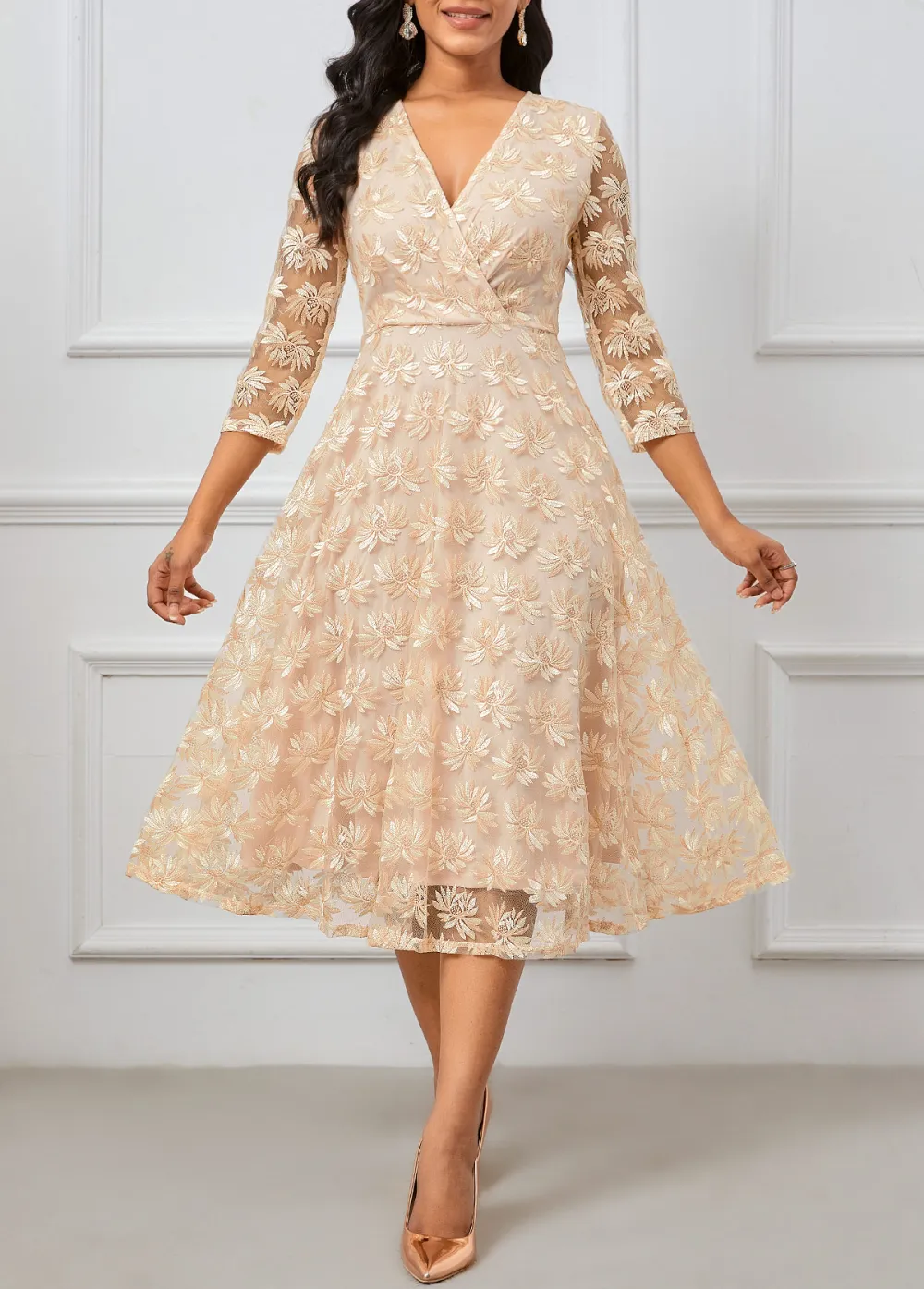 Embroidery Champagne Three Quarter Length Sleeve V Neck Dress