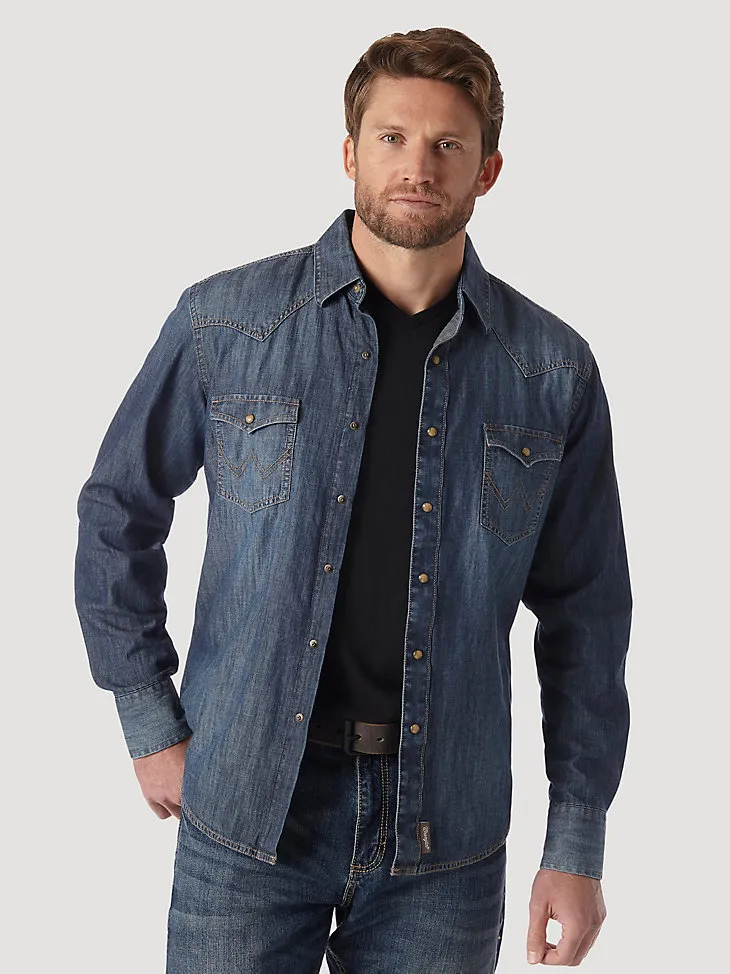 MEN’S WRANGLER RETRO® LONG SLEEVE BLUE DENIM WESTERN SHIRT IN BLUE DENIM