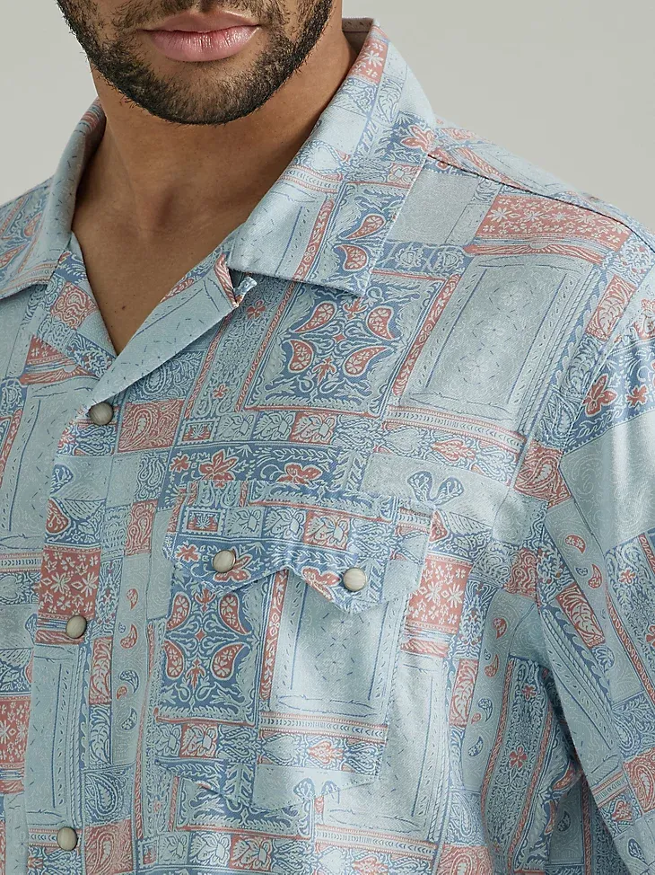 WRANGLER® COCONUT COWBOY SNAP FRONT CAMP SHIRT IN HIBISCUS ON TAN