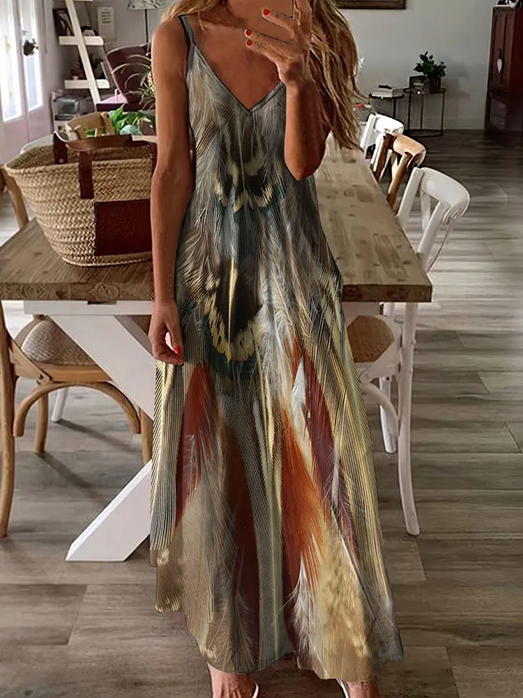 Retro Feather Casual Print Sleeveless Maxi Dress