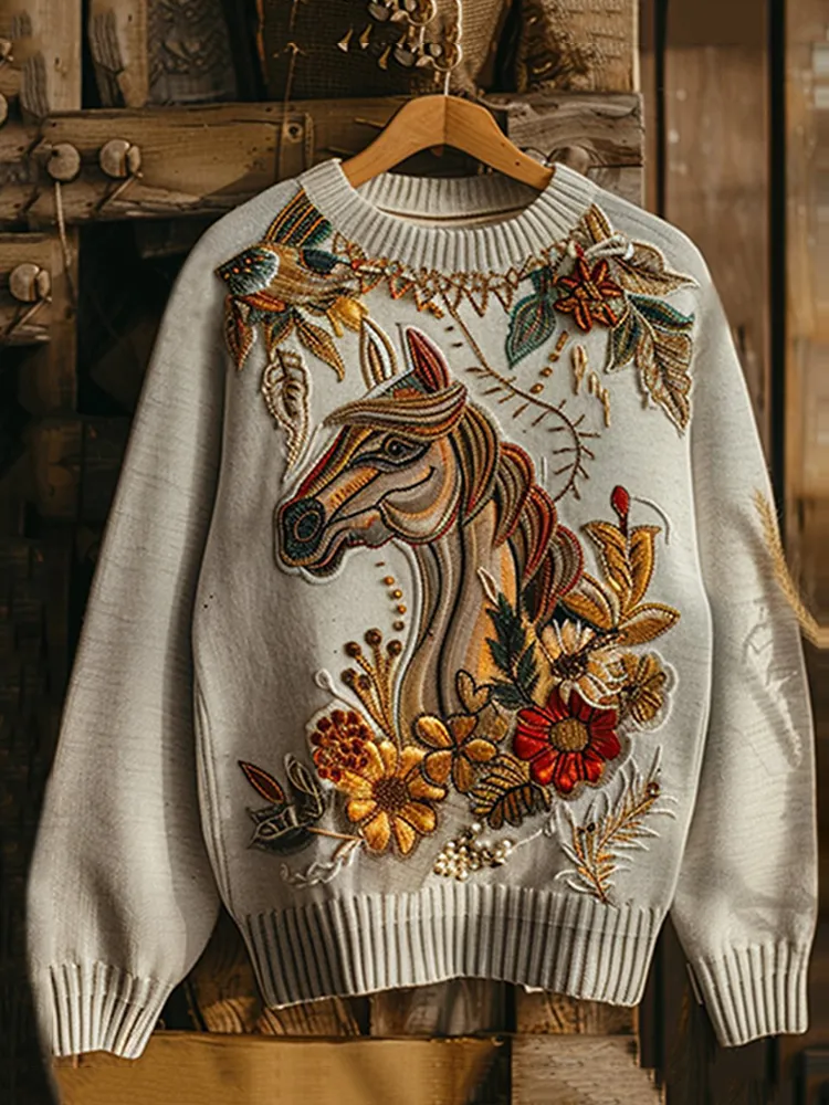 Vintage Western Horse Print Round Neck Casual Sweatshirt