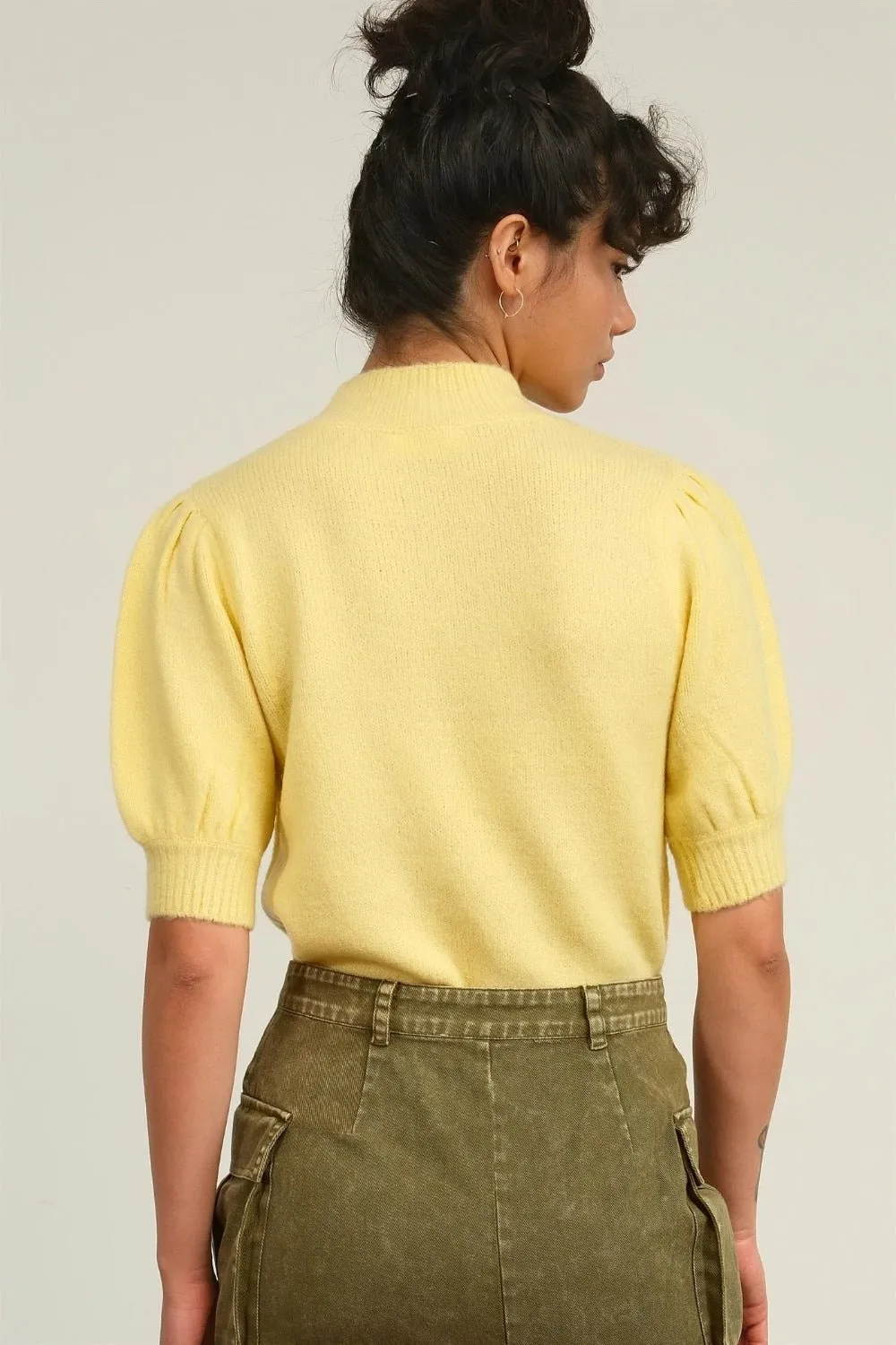 Yellow Mock Neck Puff Sleeve Sweater