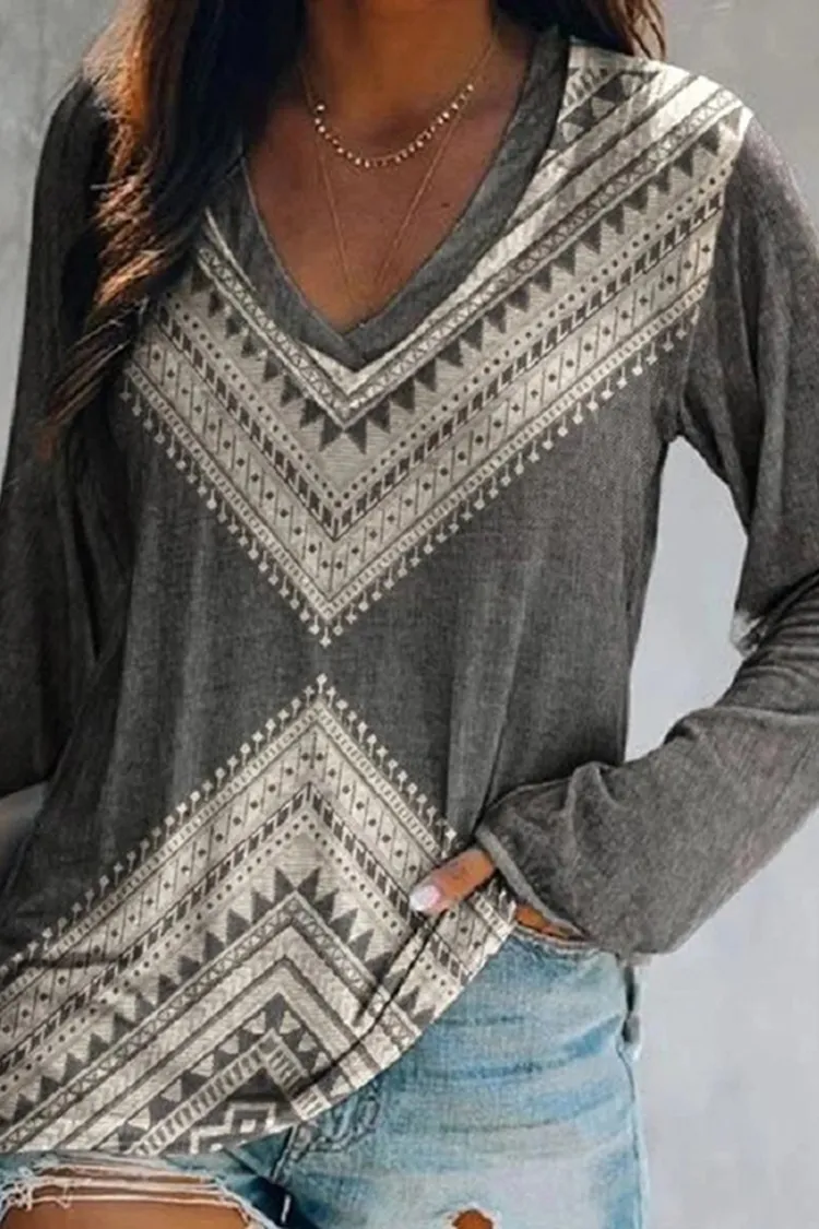 Geometric Tribal Print Long Sleeve T-Shirt