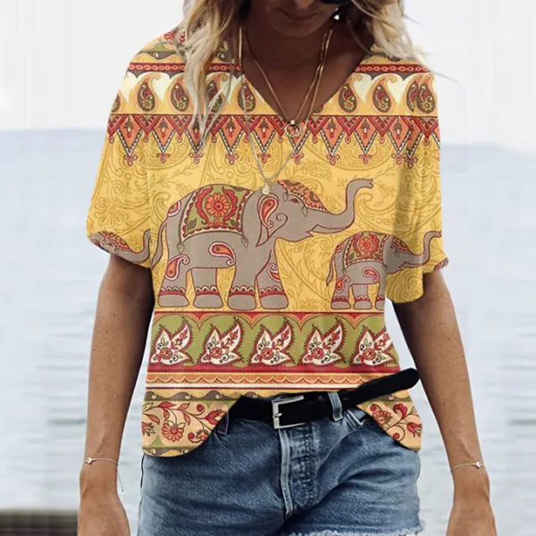 Vintage Geometric Elephant Print Women's V-Neck T-Shirt