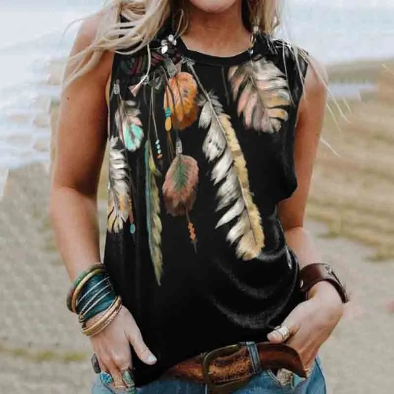 Western Feather Print Sleeveless Tank Top