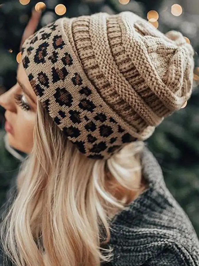 🔥Buy 3 Get 10% Off🔥Women's Western Retro Leopard Print Stitching Design Beanie (Without Logo)