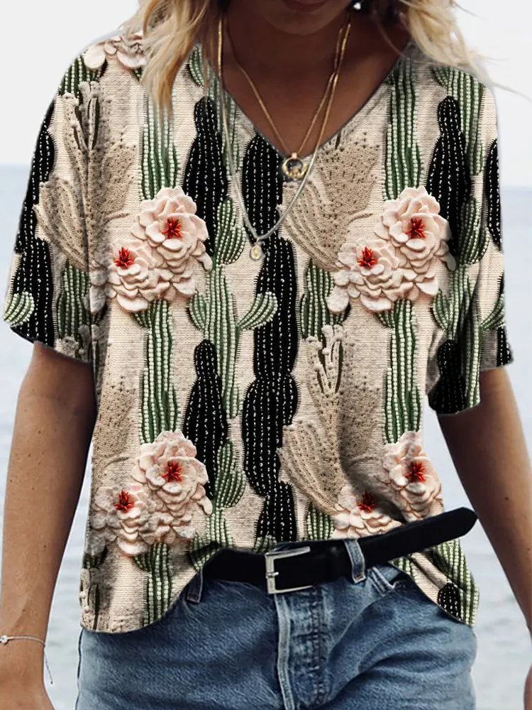 Western Cactus Floral Embroidery Casual T-Shirt