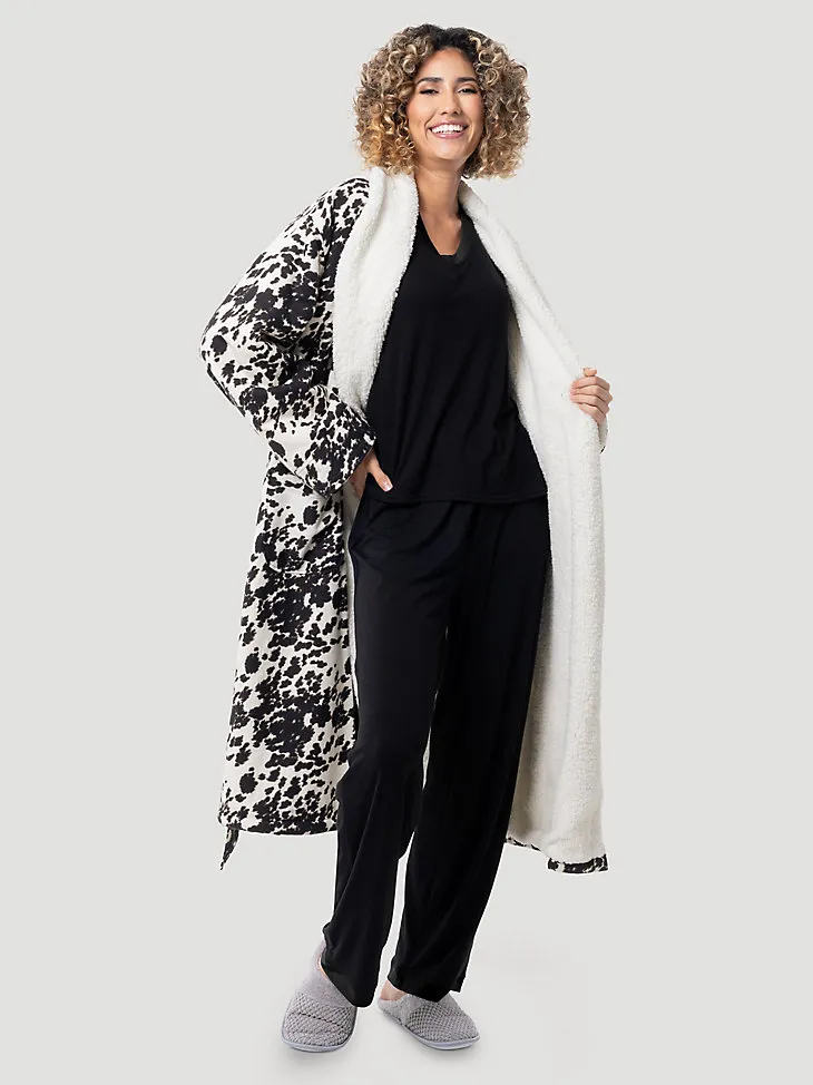 FLANNEL COW PRINT SHERPA LINED ROBE IN CAVIAR