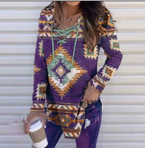 Vintage Western Print Tie Up Long Sleeve Sweatshirt