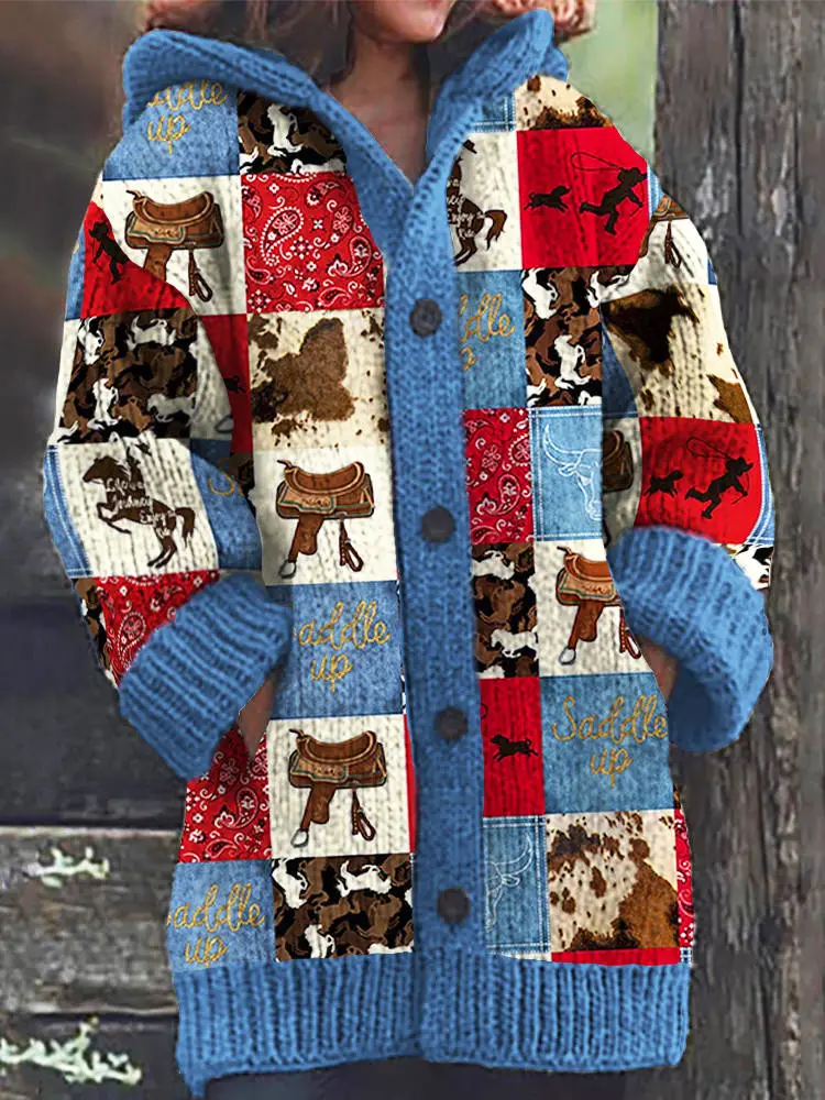 Western Cowboy Patchwork Pattern Women's Cozy Hooded Cardigan Sweater