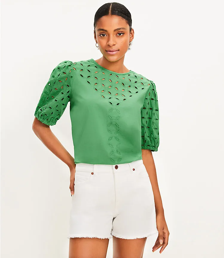 Poplin Eyelet Puff Sleeve Blouse