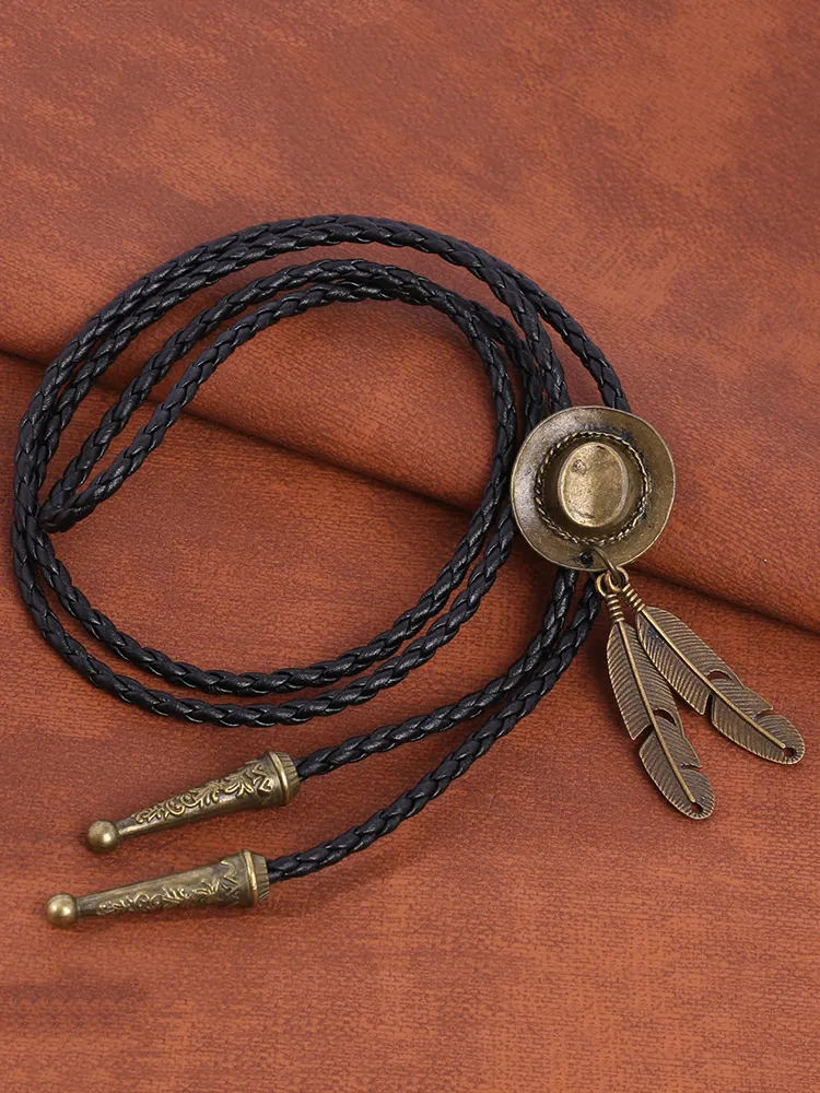 Western Hat Feather Bolo Tie Cord Pendant Necklace