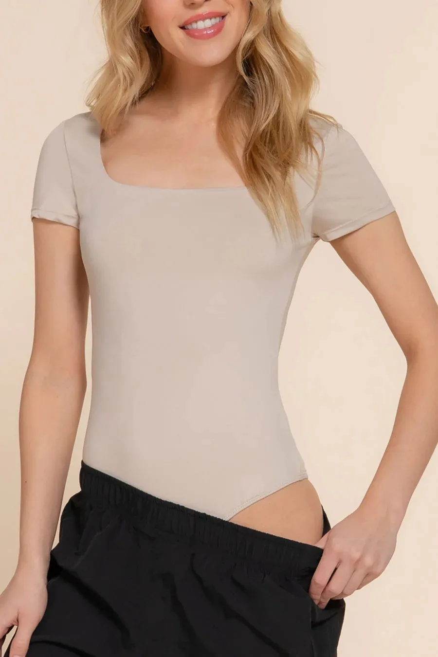 Basic Short Sleeve U-Neck Double Layer Bodysuit