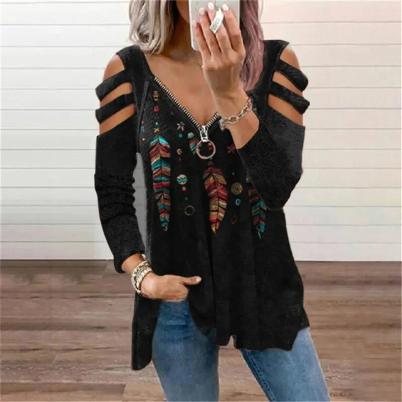 Casual Feather Print Cutout Long Sleeve T-Shirt