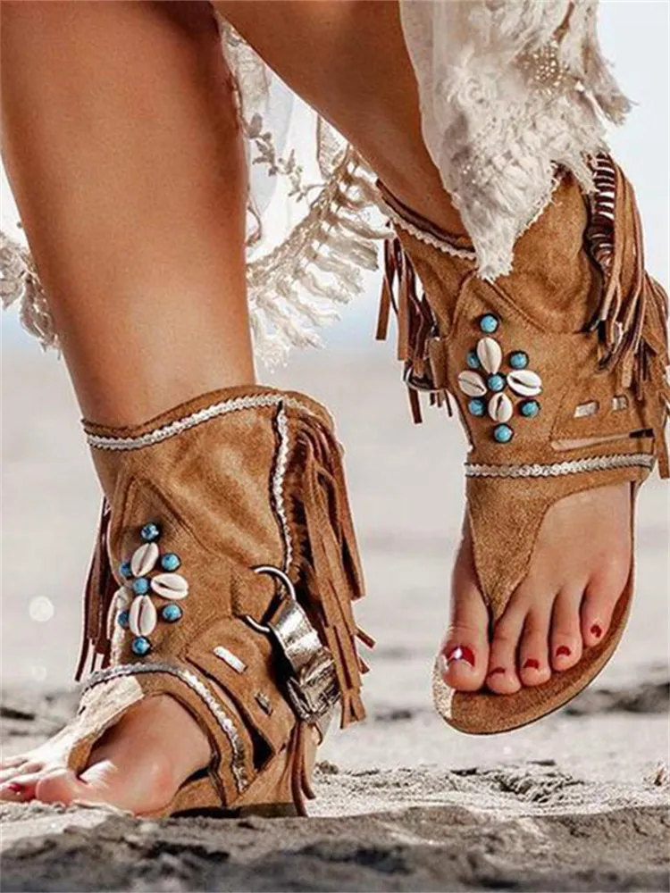 Turquoise & Shell Embellished Tassels Sandals