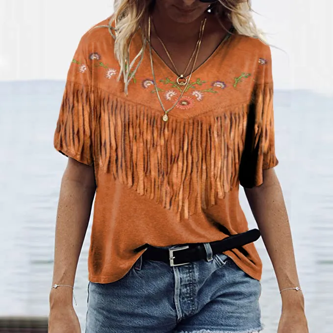 Western Fringe Print V-Neck T-Shirt