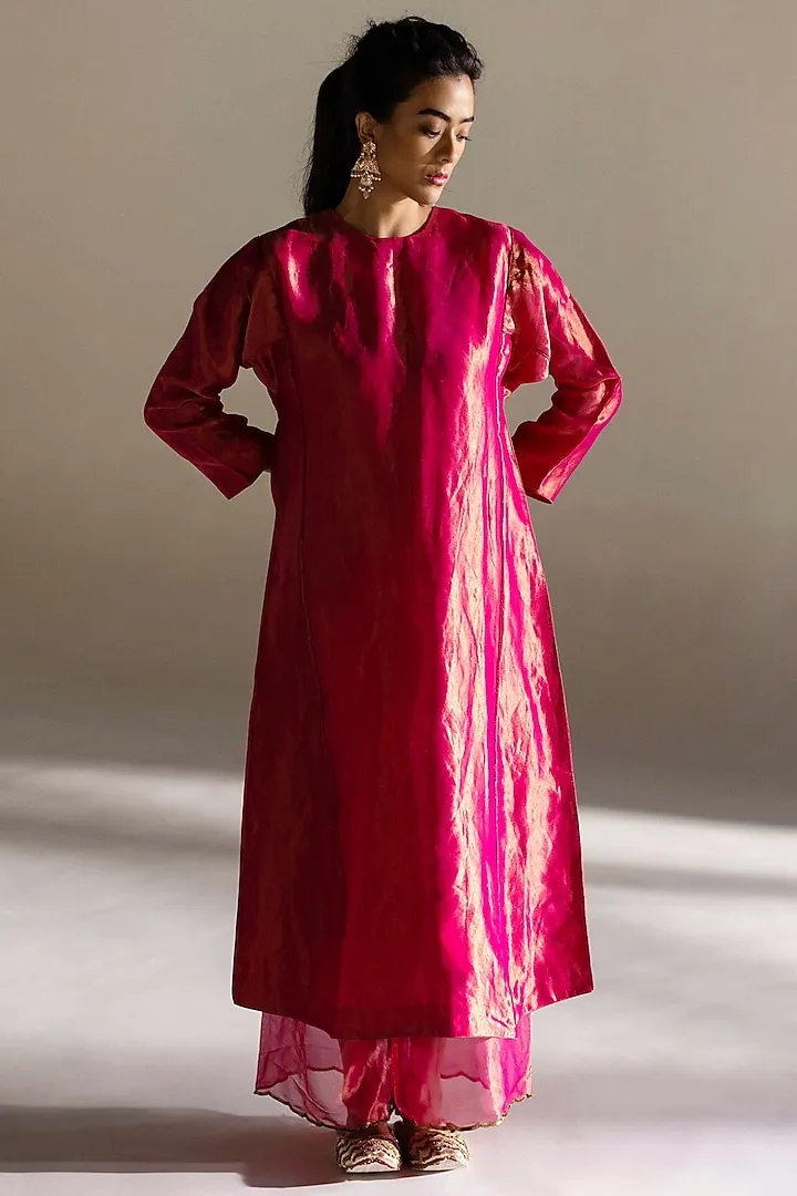 Magenta Silk Woven Embroidered Kurta Set