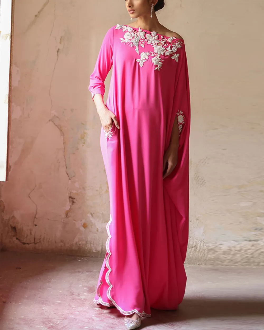 Elegant crystal-embellished velvet kaftan