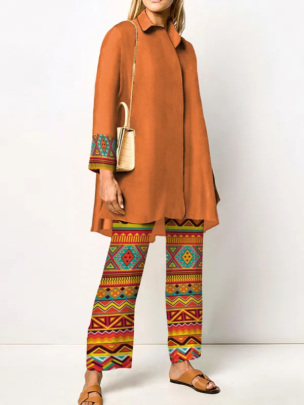 Ethnic Print Long Sleeve Two Piece Set