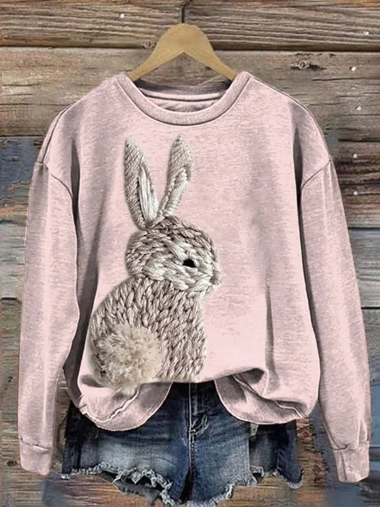 Cute Bunny Embroidery Art Casual Cozy Vintage Sweatshirt