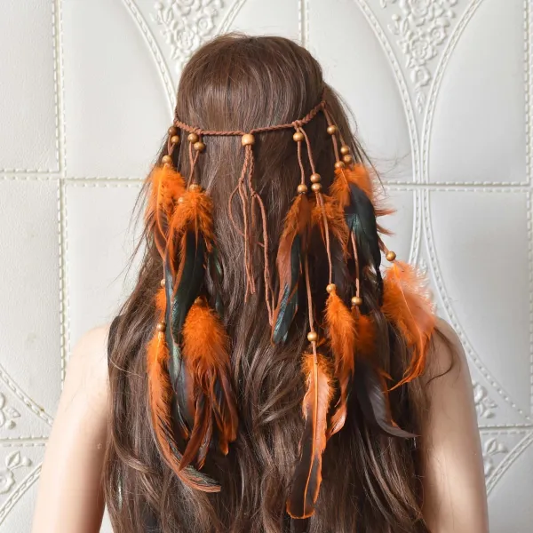 Ethnic Braided Rope Wooden Bead Feather Headband