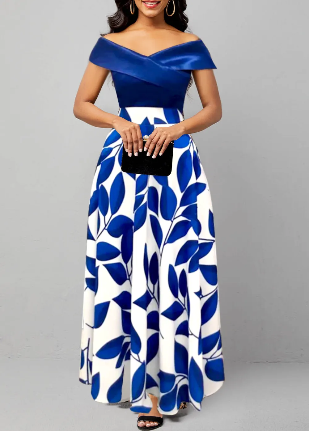 Leaf Print Surplice Dark Blue Maxi Dress