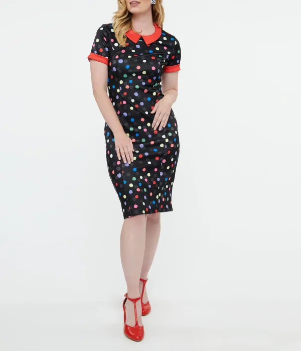 Dolly & Dotty 1950s Black & Rainbow Polka Dot Toni Wiggle Dress