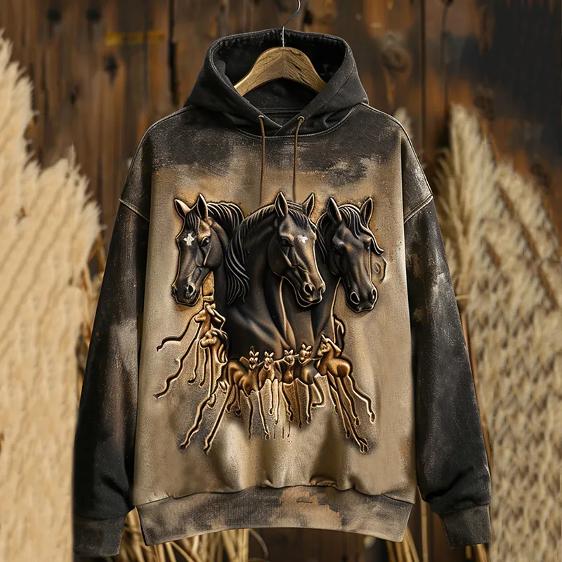 Western Horse Print Casual Long Sleeve Hoodie