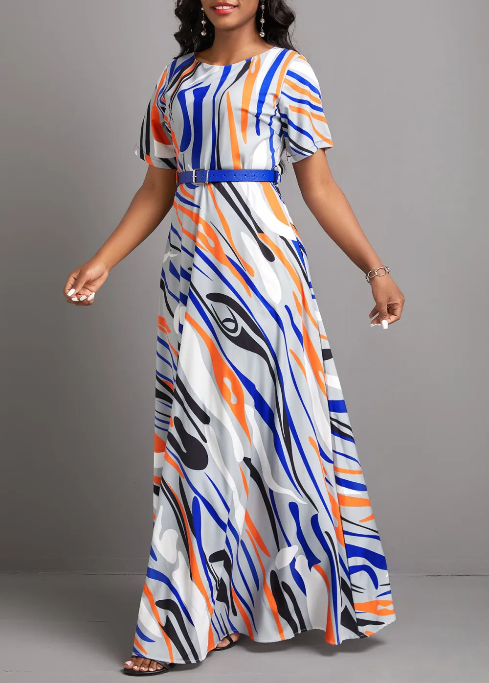 Geometric Print Zipper Multi Color Maxi Dress