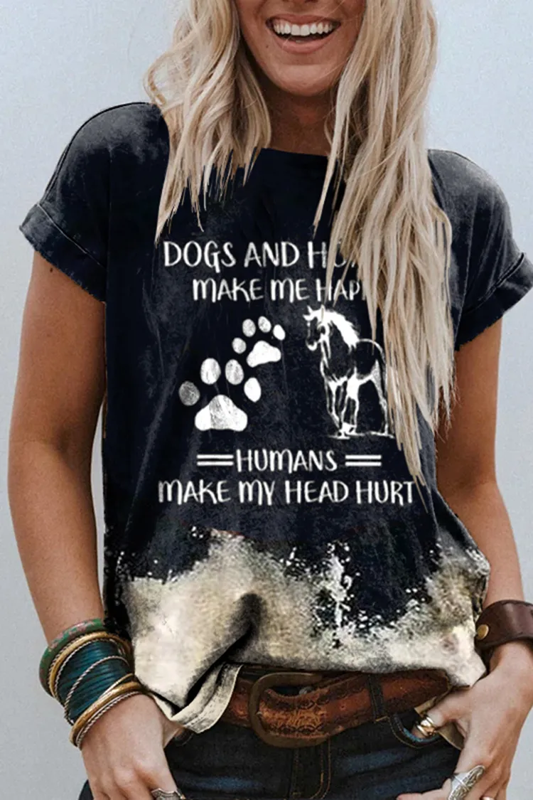 Western Dogs And Horses Make Me Happy Printed Short Sleeve T-Shirt