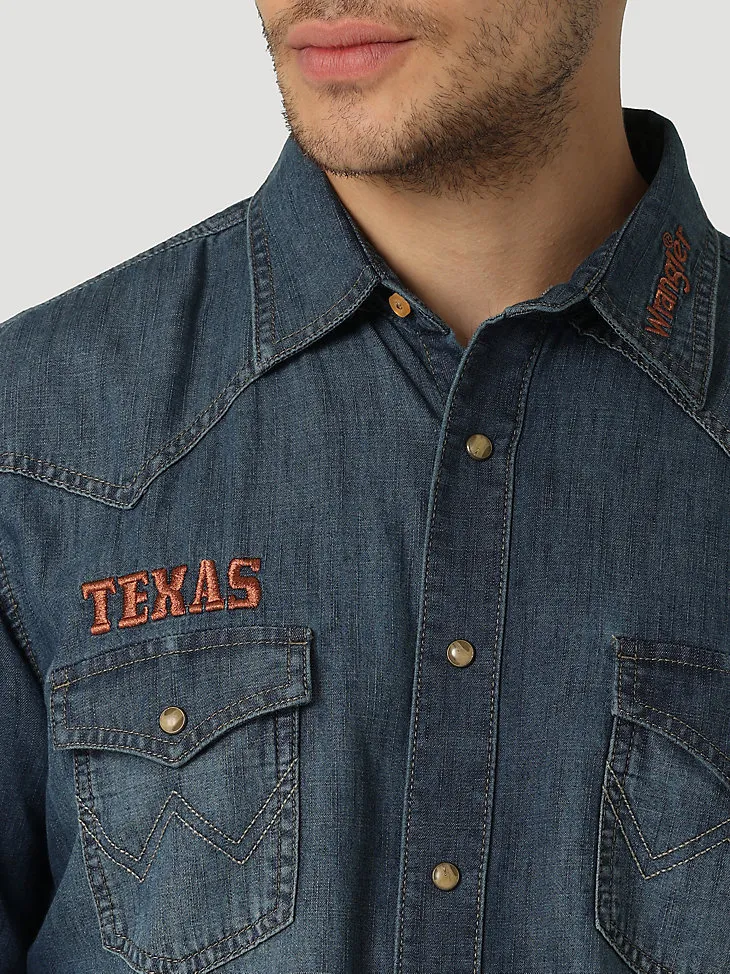 MEN'S WRANGLER COLLEGIATE DENIM WESTERN SNAP SHIRT IN UNIVERSITY OF TEXAS