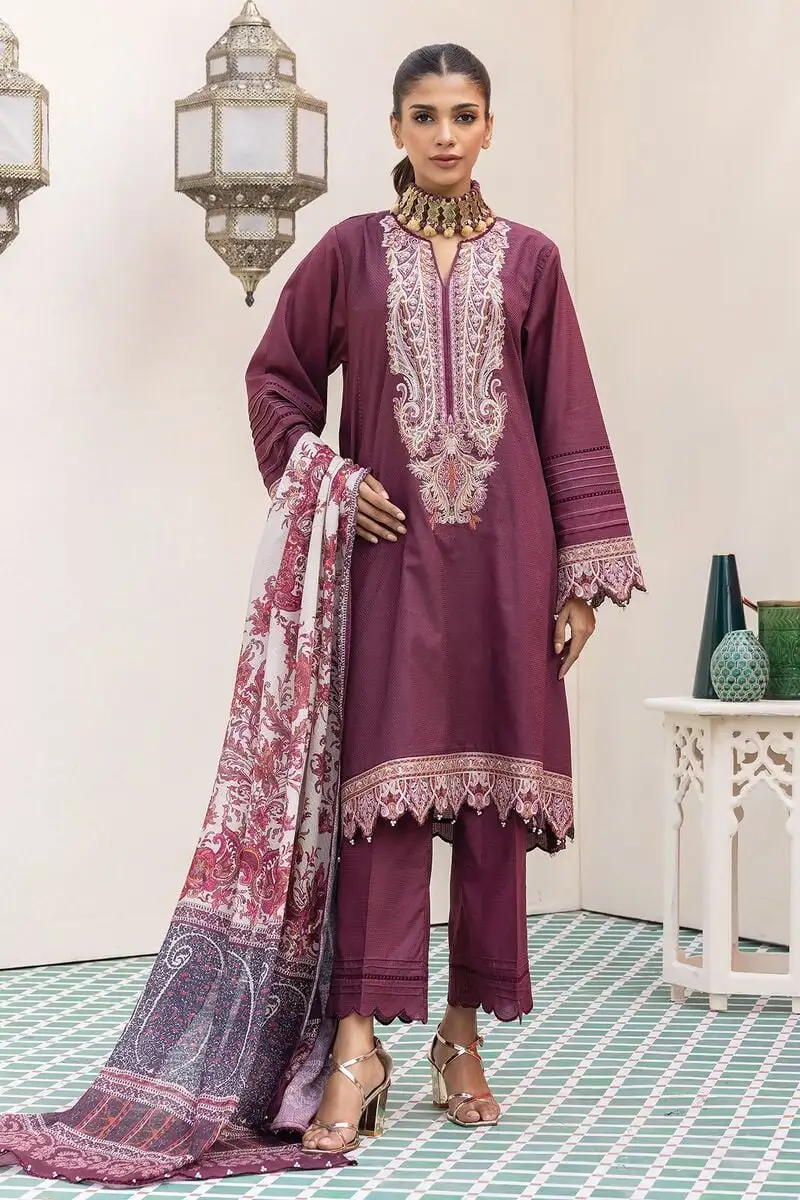 3 Piece Kurta Embroidered | Dupatta& Bottom & Tops | Color Purple