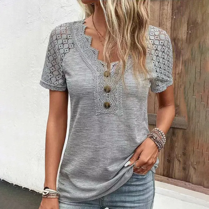 Solid Lace Patchwork V-Neck Casual Short Sleeved T-Shirt