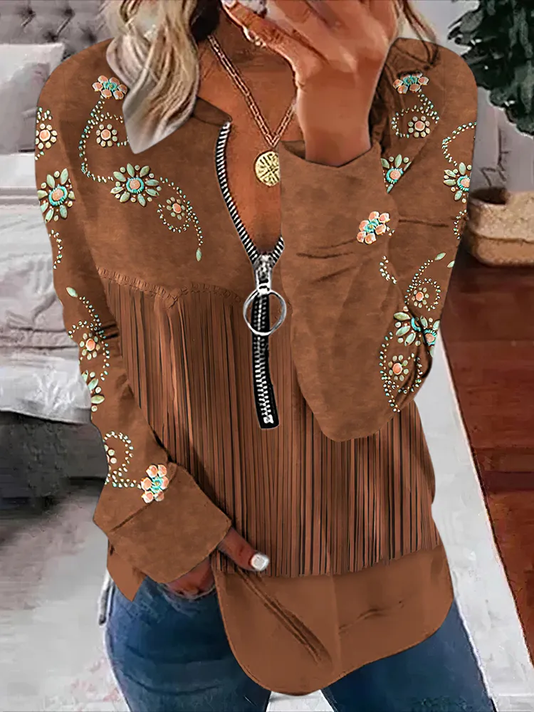 Western Tribal Tassels Printed Zip Up Sweatshirt