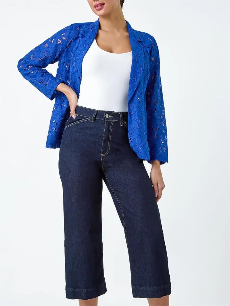 Royal Blue Cotton Blend Floral Lace Jacket