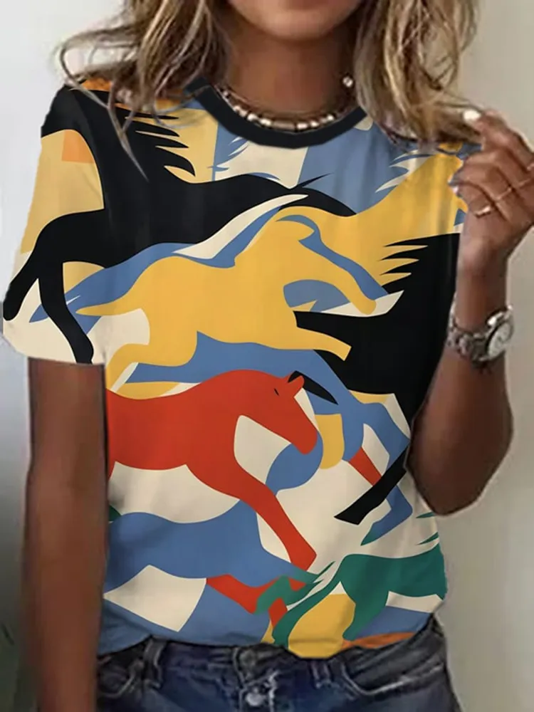 Women'S Multicolor Horse Printed Short Sleeve T-Shirt